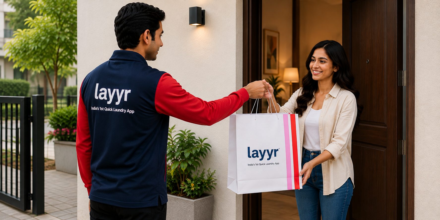 Layyr partner handing a branded laundry bag to a customer at her door