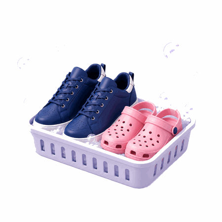 Sneakers and clogs in a laundry basket with bubbles