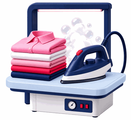 Steam press with iron and folded shirts