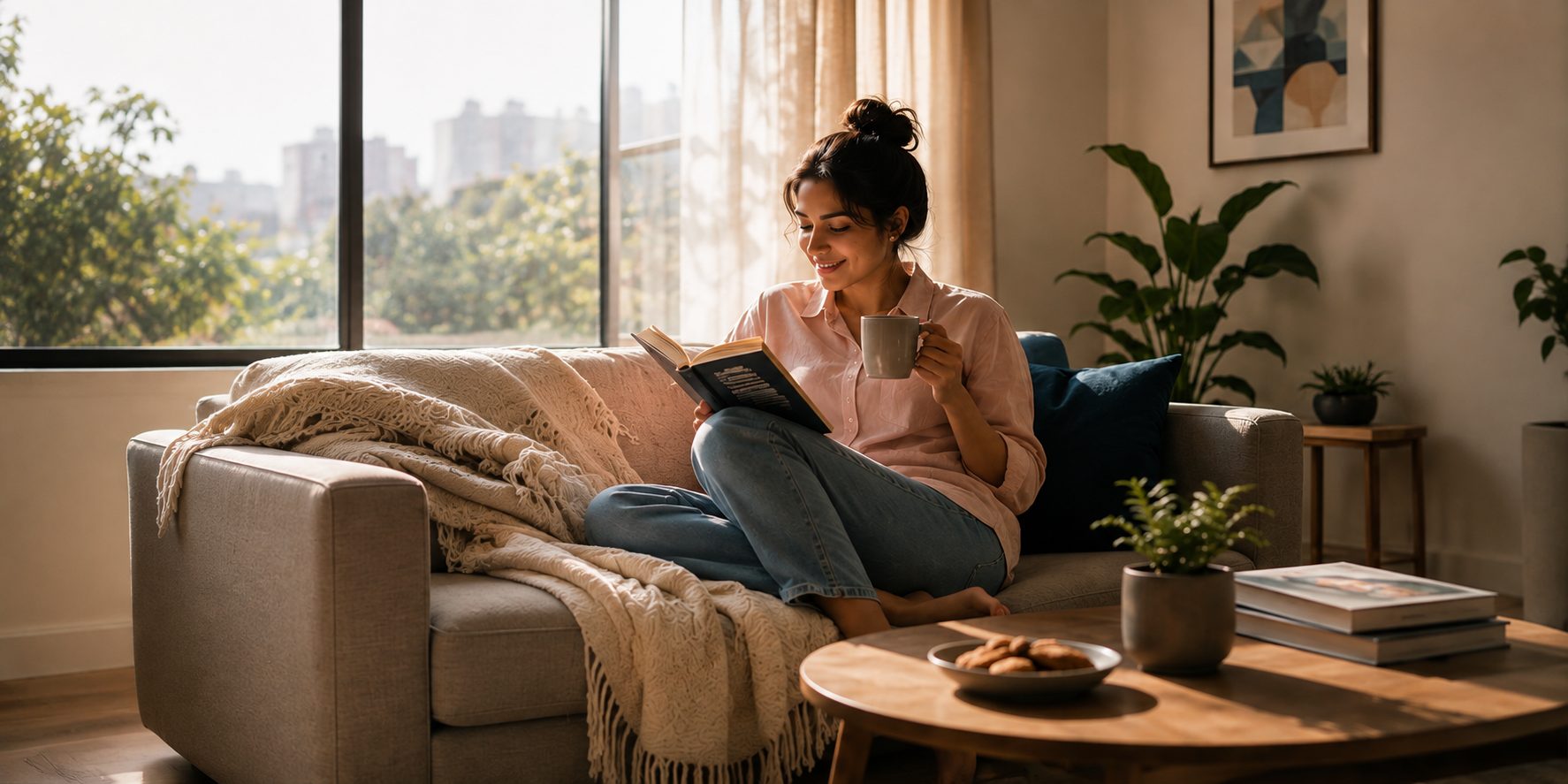 Customer relaxing at home with a book while Layyr handles the laundry